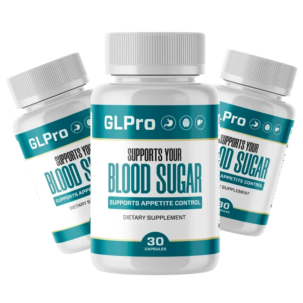 Three GLPro bottles, the centre one front-on, label reading Supports Your Blood Sugar, 30 capsules