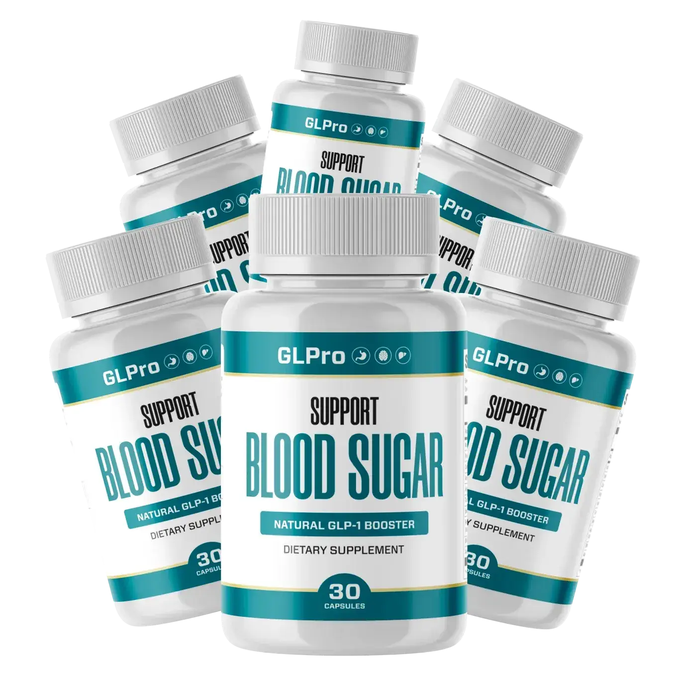 Six GLPro bottles, the front one printed Support Blood Sugar and Natural GLP-1 Booster
