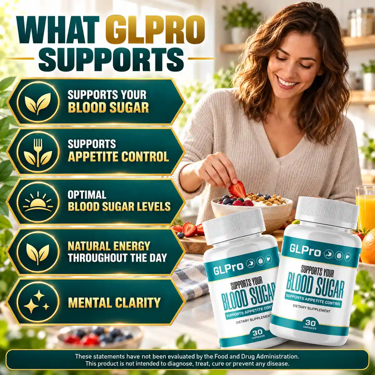 GLPro seller artwork: five support claims beside a woman preparing a bowl of fruit and cereal in a kitchen, with two bottles in the foreground