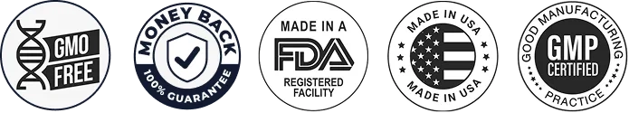 The five-seal strip used in the GLPro artwork: GMO free, money back, made in a registered FDA facility, made in USA, GMP certified